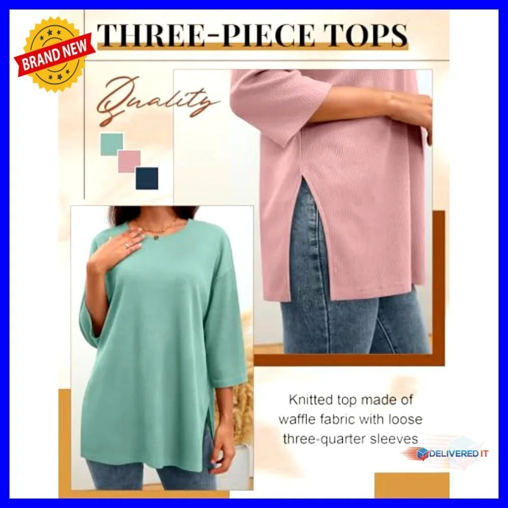 Oversized Waffle Knit Tops 3/4 Sleeve Loose Fit Casual Blouses 3 Pack - Picture 5 of 6